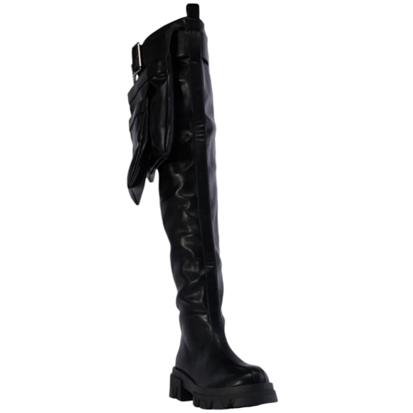 Azalea Wang Thigh High Black Punk Utillity Flatform Boots with Pockets Size 7.5 - Picture 1 of 5